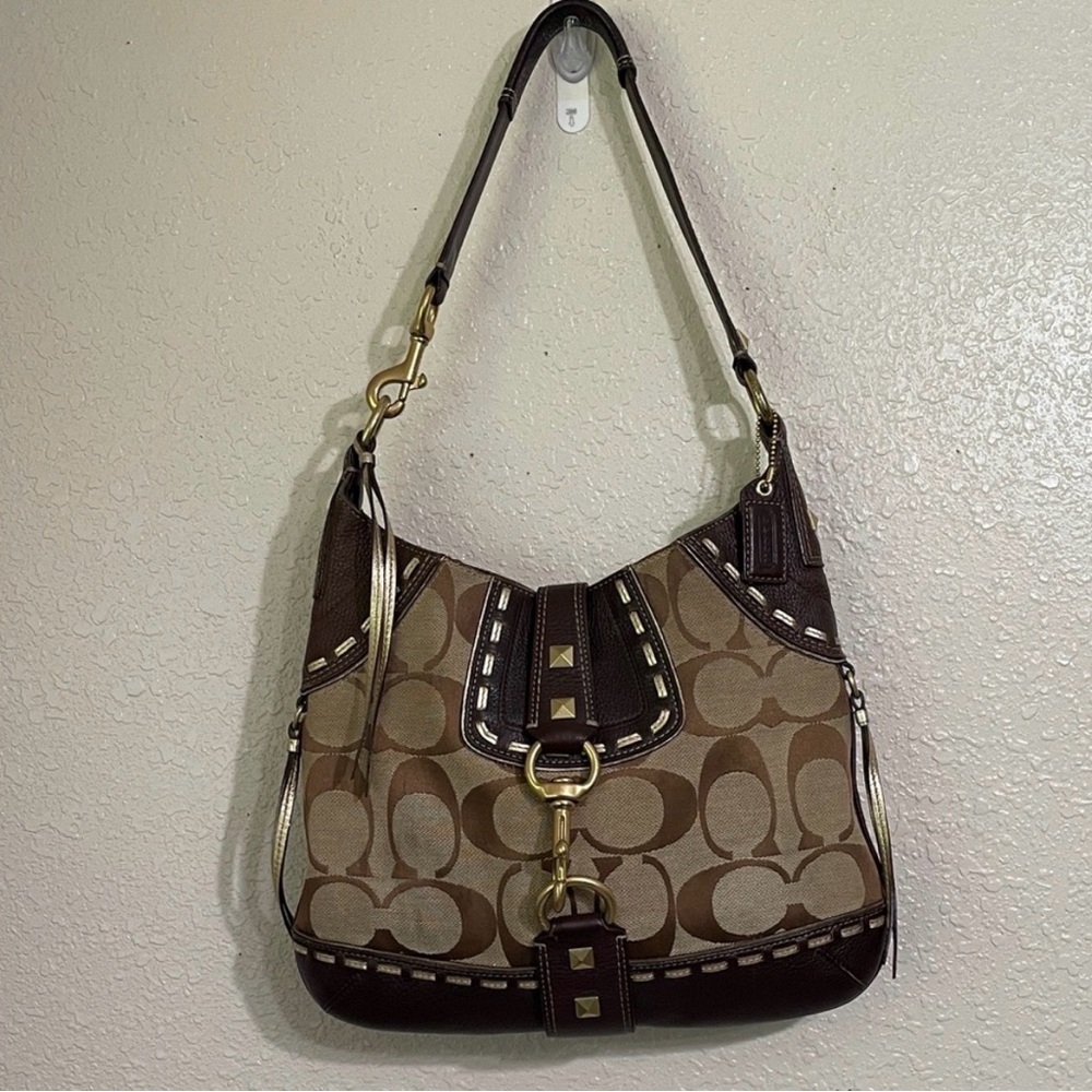 Coach Hampton Signature Canvas Hobo in Brown and Tan with Gold Hardware